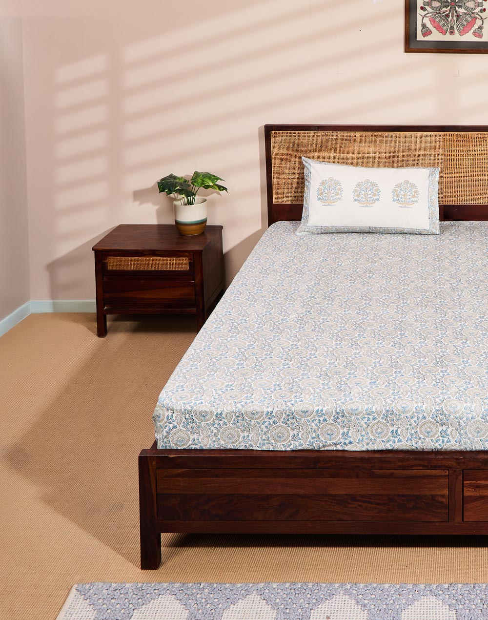 Blue Cotton Printed Bed Sheet- Single